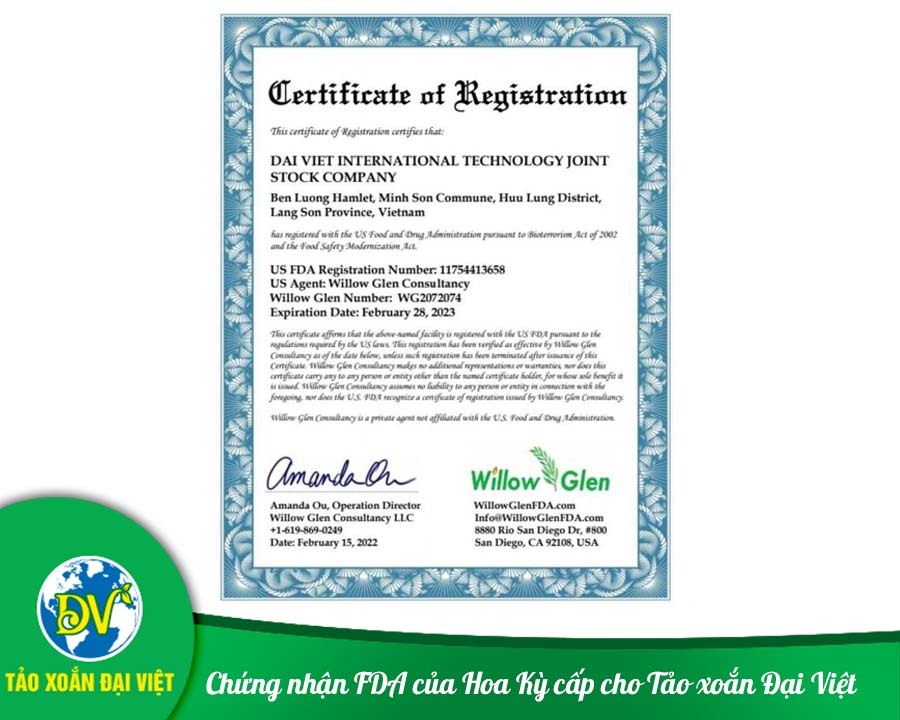 Chứng nhận FDA của Hoa Kỳ cấp cho Tảo xoắn Đại Việt