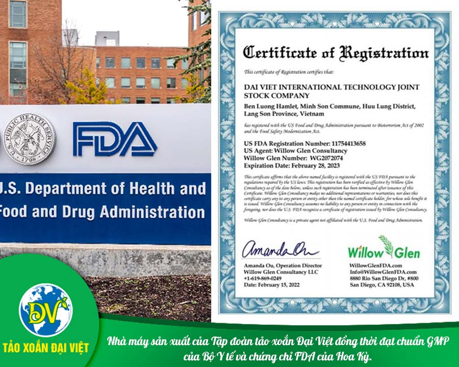 Nhà máy sản xuất của Tập đoàn tảo xoắn Đại Việt đồng thời đạt chuẩn GMP của Bộ Y tế và chứng chỉ FDA của Hoa Kỳ. 