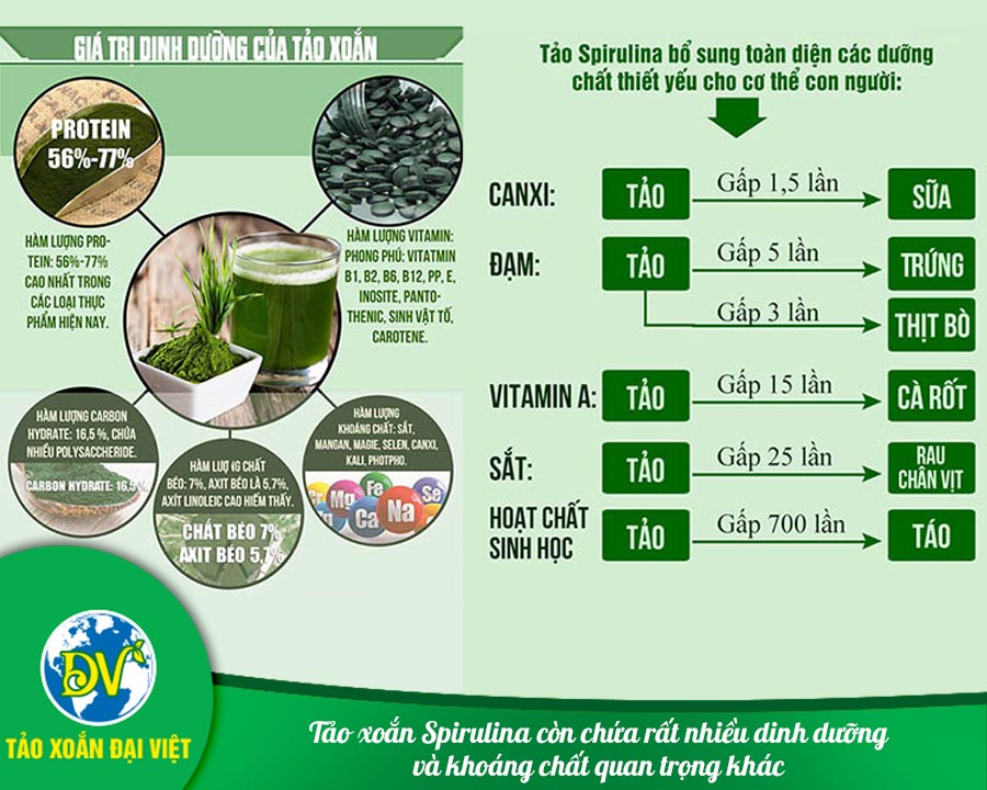 Tảo xoắn Spirulina còn chứa rất nhiều dinh dưỡng và khoáng chất quan trọng khác.