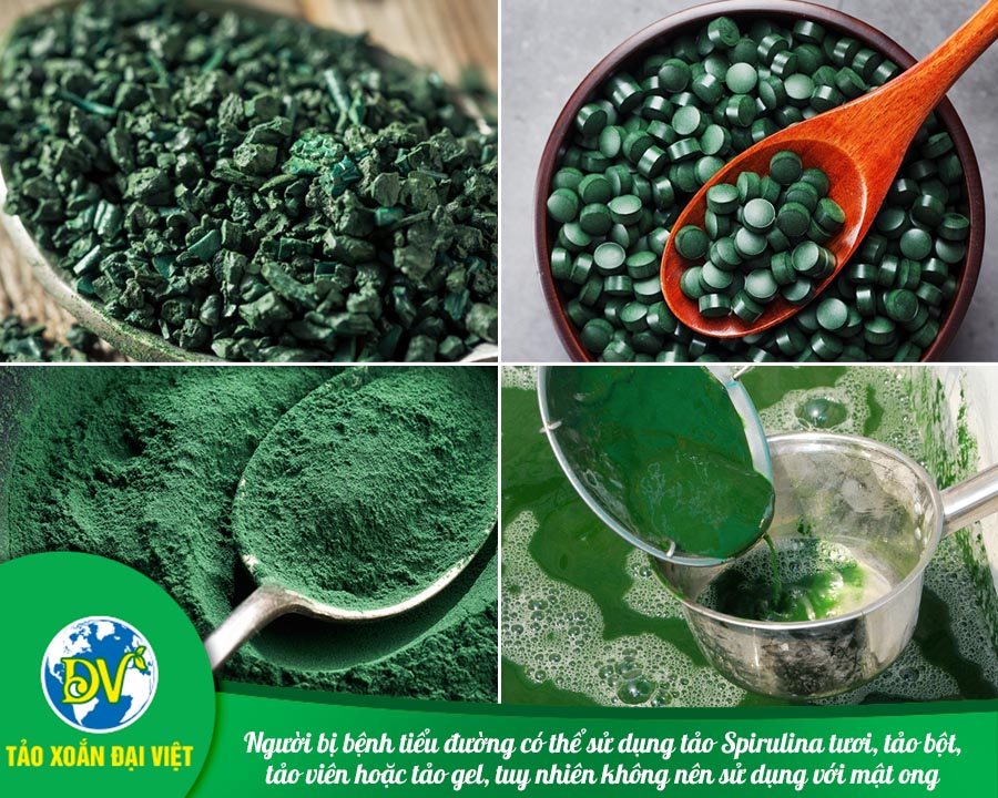 Người bị bệnh tiểu đường có thể sử dụng tảo Spirulina tươi, tảo bột, tảo viên hoặc tảo gel, tuy nhiên không nên sử dụng với mật ong.